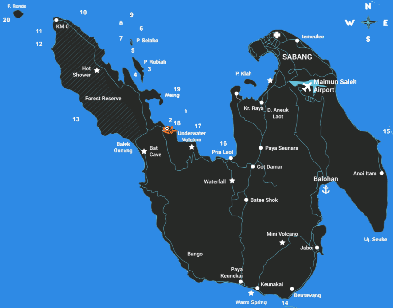 The dive centre's map of Pulau Weh, with the twenty dive sites numbered around the island and Bubble Addict marked at Gapang Beach.