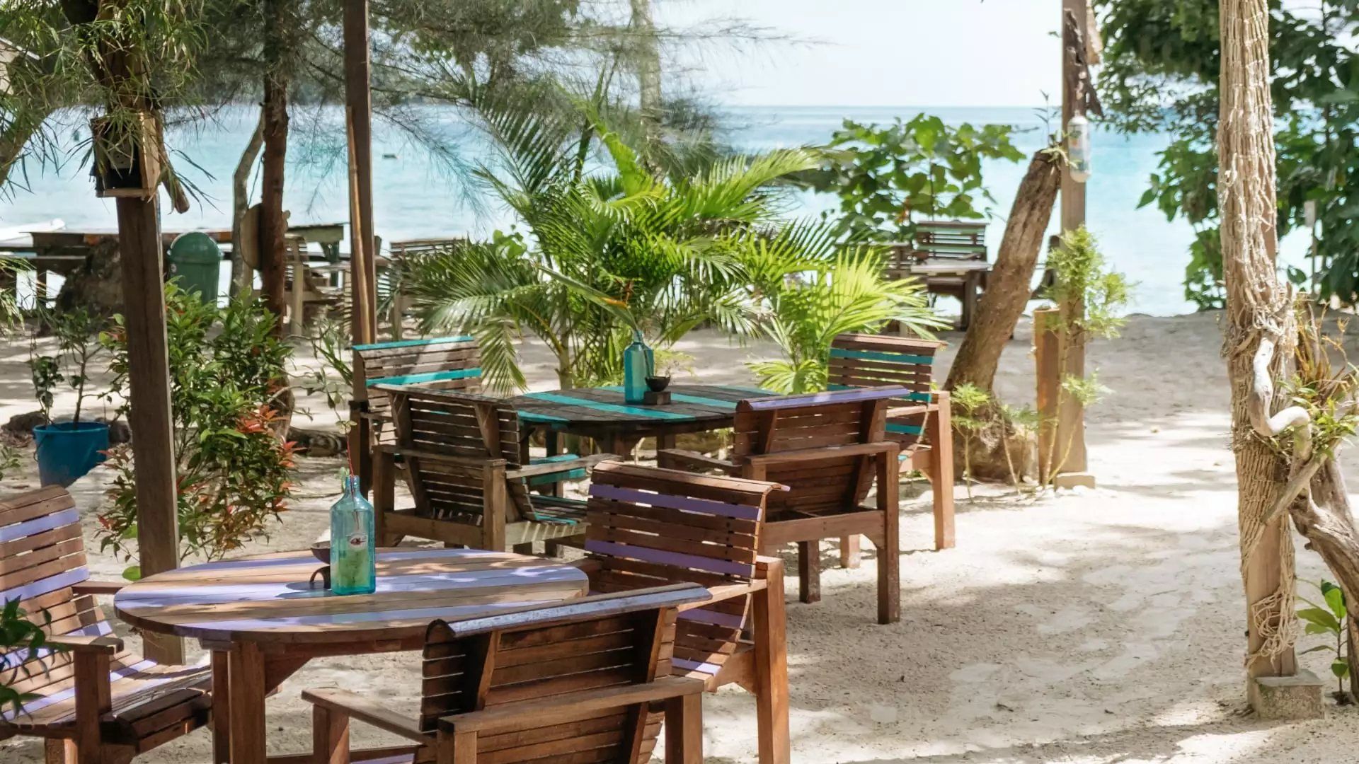 The beachfront terrace at Bubble Addict: timber tables and chairs painted teal and lilac under the palms, the sea a few steps away.